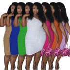 Asymmetrical-neck Solid-color Figure-hugging Sheath Dress