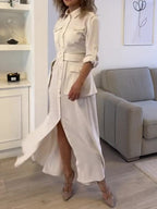 Solid Color Long Sleeve Shirt Belt Dress