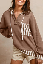 Straw Yellow Waffle Texture Striped Patchwork Button Neck Drawstring Hoodie