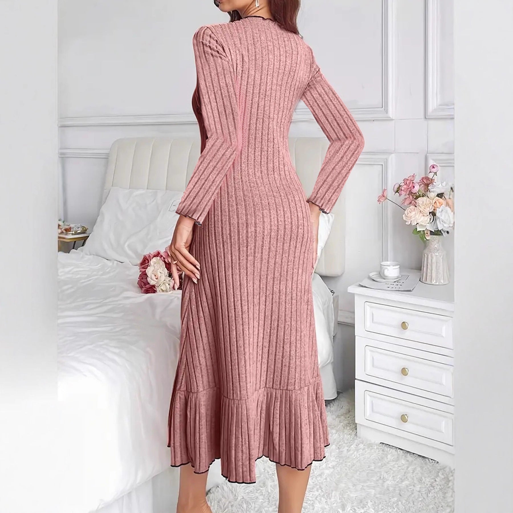 Women's Fashion Solid Color Ruffle Sleeve Long Dress
