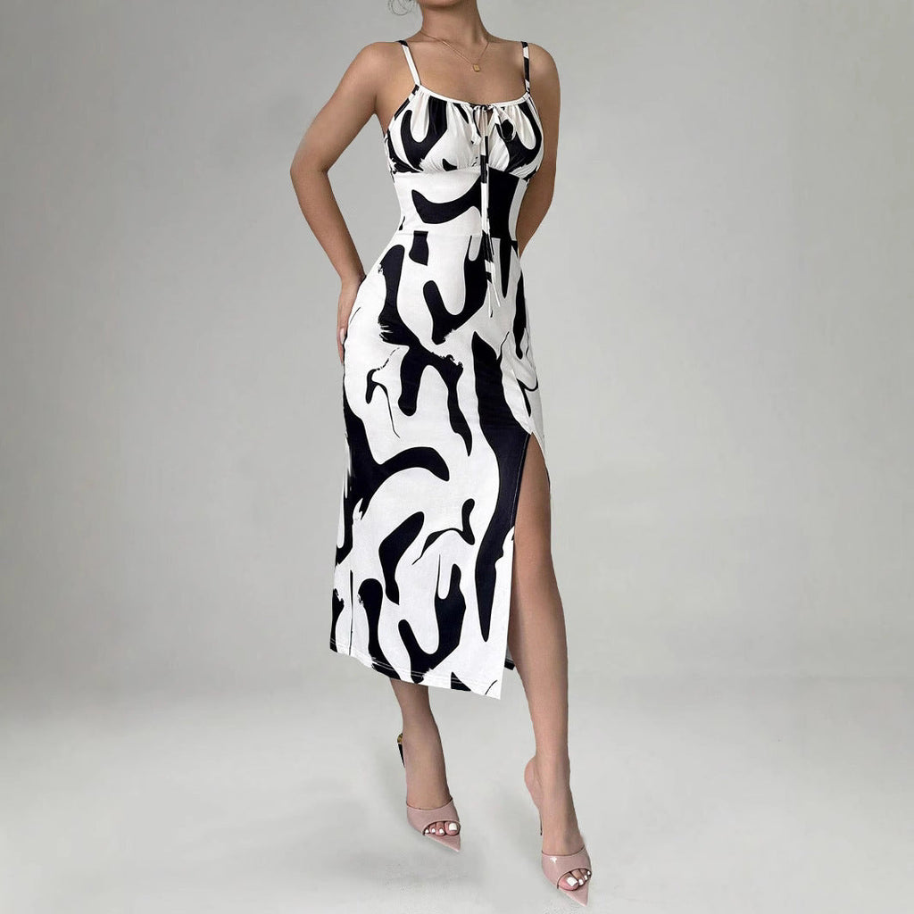 Summer Printed Suspender Split Dress Fashion Slim Lace-up Long Dresses For Women Clothing