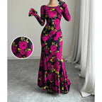 Elegant And Slim-fitting Round Neck Rose Floral Flared Sleeve Bodycon Dress