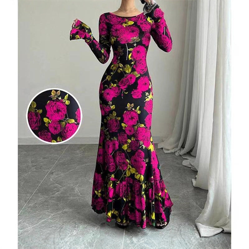 Elegant And Slim-fitting Round Neck Rose Floral Flared Sleeve Bodycon Dress