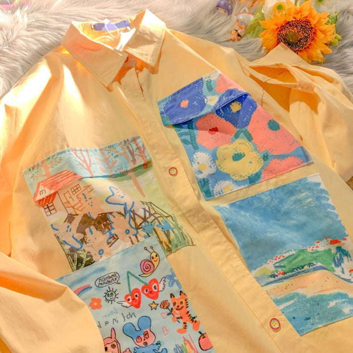 Milk-yellow Oil Painting Cute And Chic Floral Blouse