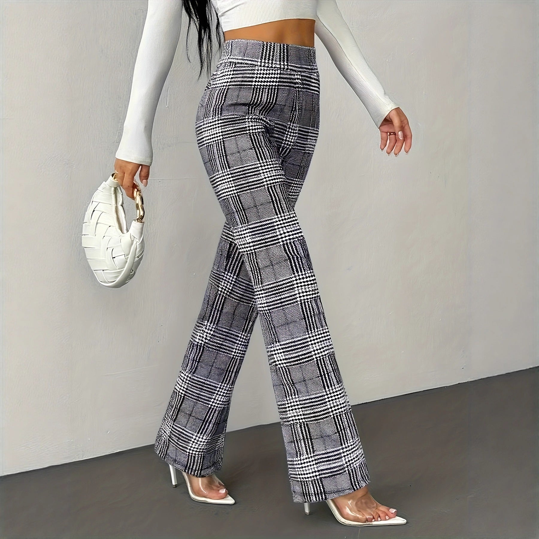 Houndstooth Wide-leg High-waisted Versatile Slim-fit Wool Straight-leg Pants