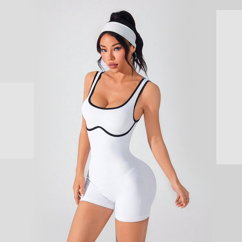 Elastic Contrast Color Yoga Jumpsuit – Seamless Tight-Fit Activewear for Women