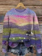 Digital-print Rabbit Amidst A Floral Meadowartistic Outfit Warm Chunky-knit Crewneck Hoodie