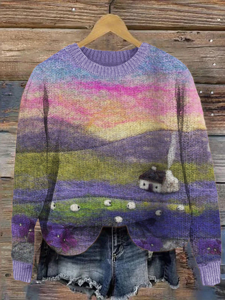 Digital-print Rabbit Amidst A Floral Meadowartistic Outfit Warm Chunky-knit Crewneck Hoodie