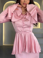 Elegant Bell Sleeve Ruffle Hem Blouse