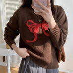 Round-neck Pullover Black Sweater With Bow Detailloose-fitting Comfy Knit Top