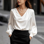 French-style Elegant And Sophisticated Satin Long-sleeve Blouse With Bubble Sleeves And A V-neck