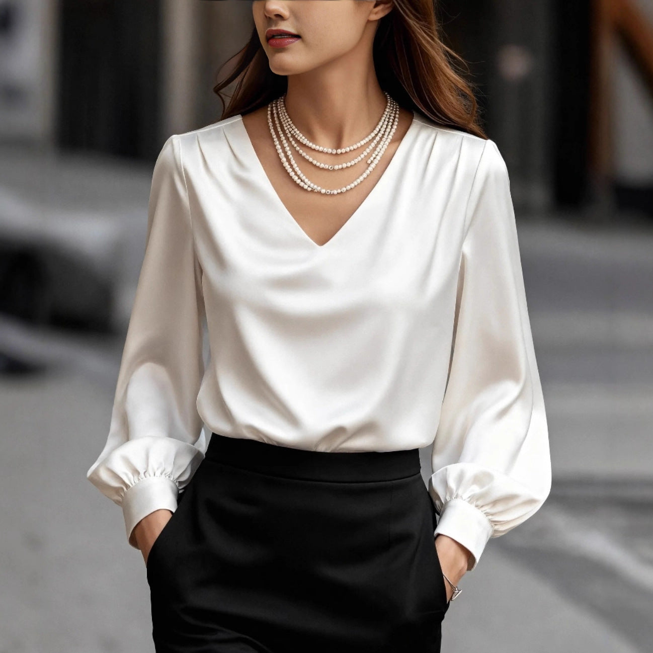 French-style Elegant And Sophisticated Satin Long-sleeve Blouse With Bubble Sleeves And A V-neck