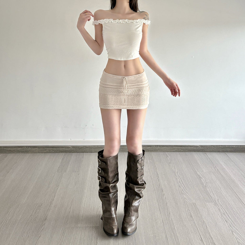 Niche, Pure And Gentle Style Cropped Low-rise Lace-up Skirt