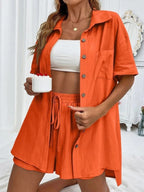 Women's Fashion Shorts Two Pieces Solid Color Shirt Suit