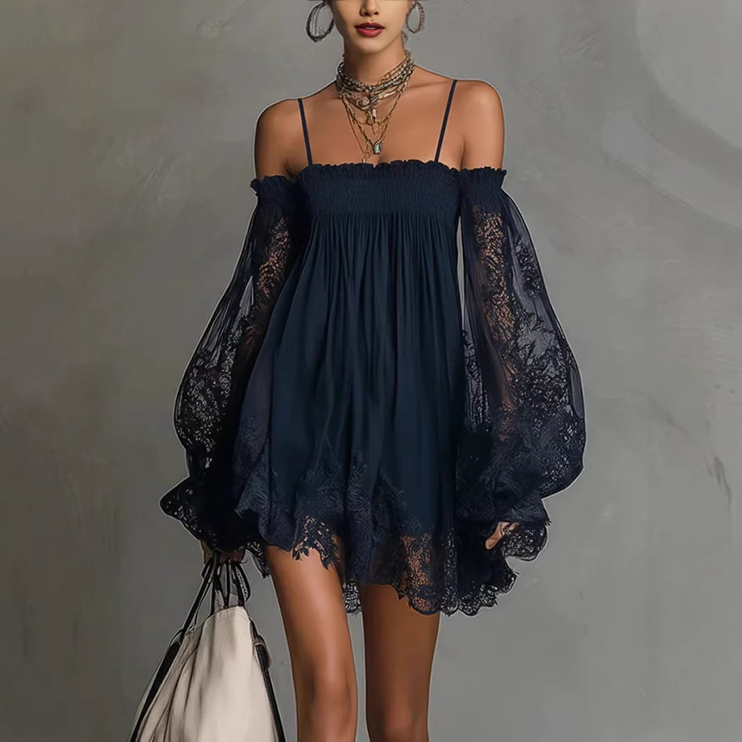 Long-sleeve Slip Dress In Solid Color With A Stretchy Boat Neck And Lace Detailing