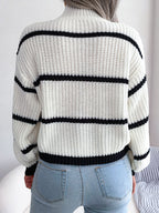 Women Casual Striped Lantern Sleeve Half Turtleneck Knit Sweater