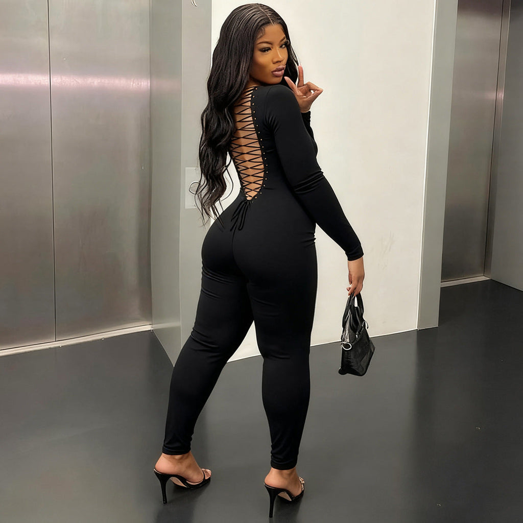 New Sexy U-neck Backless Strap Long-sleeve Solid-color Hip-lifting Jumpsuit