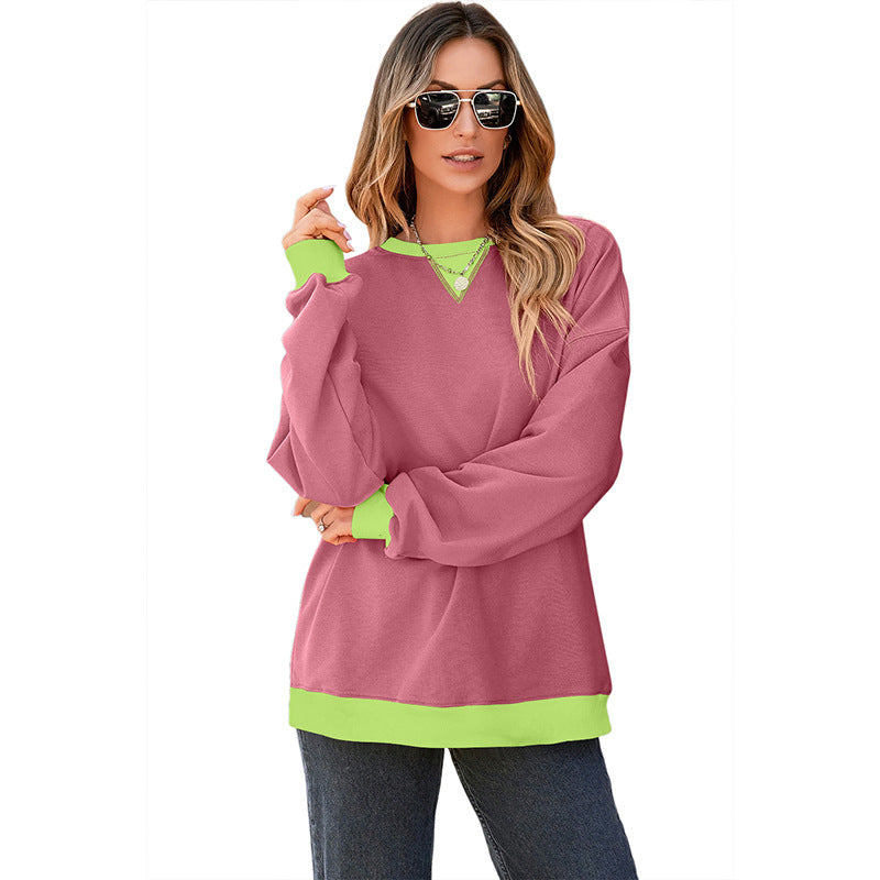 Color Contrast Patchwork Round Neck Pullover Long Sleeve Sweater Women