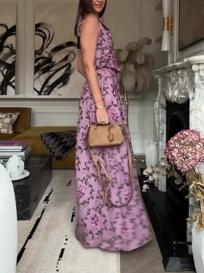Holiday Floral Print Suspenders & Wide Leg Pants Set