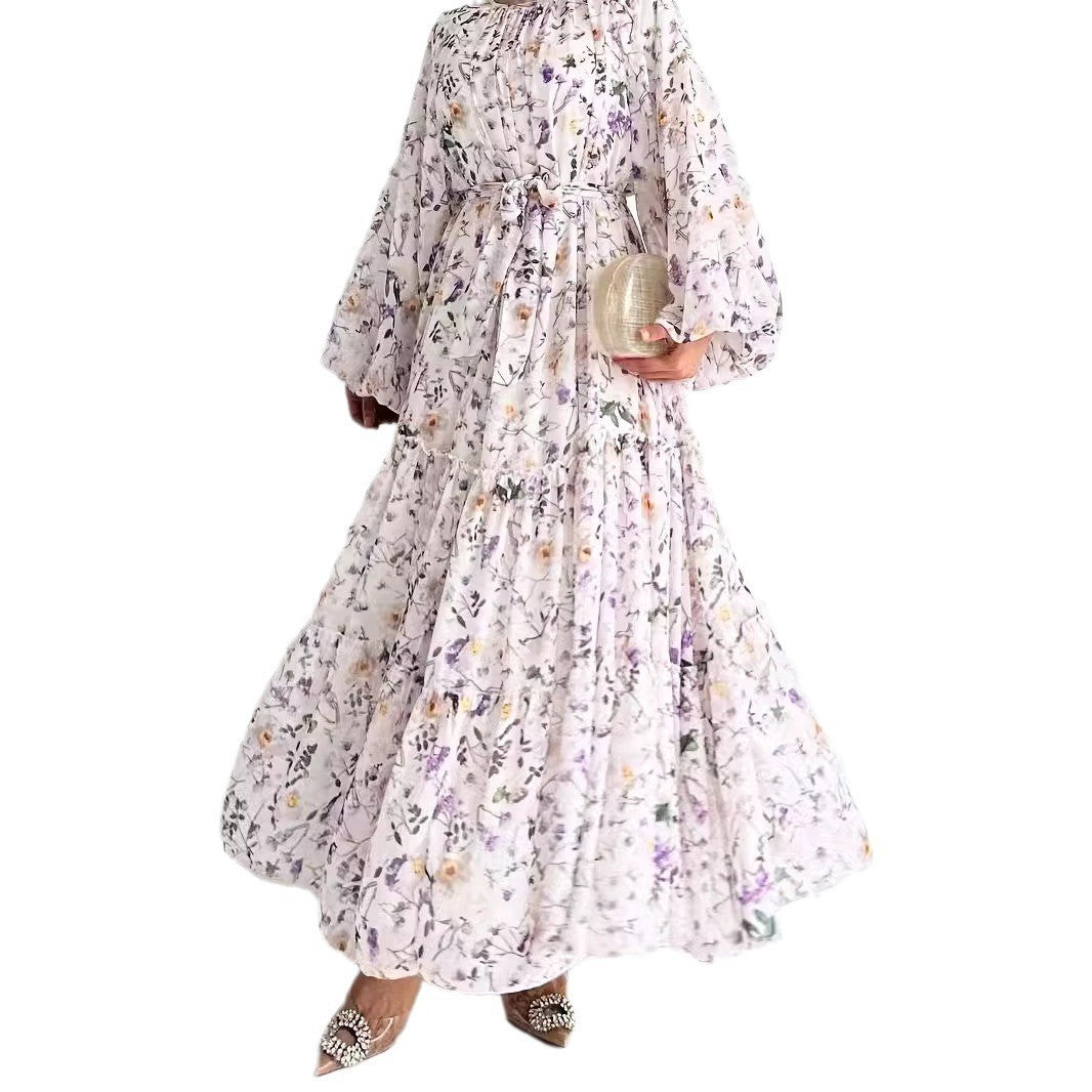 Chiffon Floral Dress With Belt Long Length Stylish And Elegant