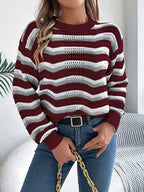 Women Casual Hollow Out Color Block Stripe Lantern Sleeve Pullover Sweater