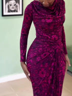 Fuchsia Floral Print Cowl Neck Waist-Cinched Asymmetrical Maxi Dress