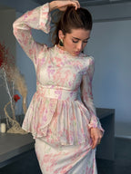 Floral Print Ruffle Top & High Waist Fishtail Skirt Set