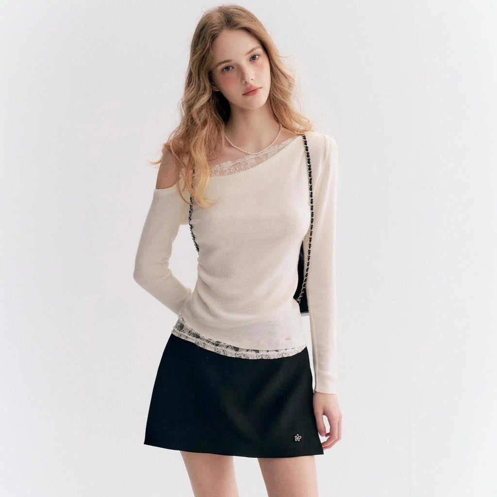 Women's Fashionable Lace-trimmed Off-the-shoulder Long-sleeve Top