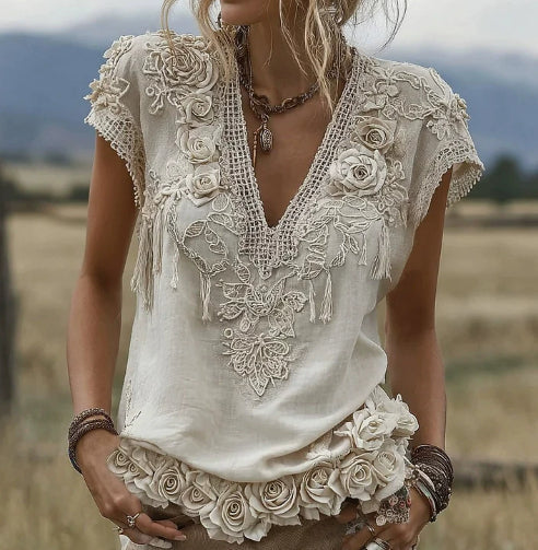 Elegant And Artistic Vintage-style Short-sleeved Top
