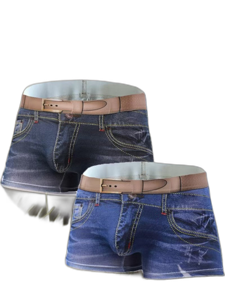 2 Pack Men's Denim Printed Cotton Boxer Briefs