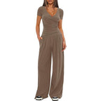 2 Pieces Women's V Neck Short-sleeve Sportswear Top And Wide-leg Pants Set Casual Comfortable Outfit Set For Daily Wear Gym Sports Outfit