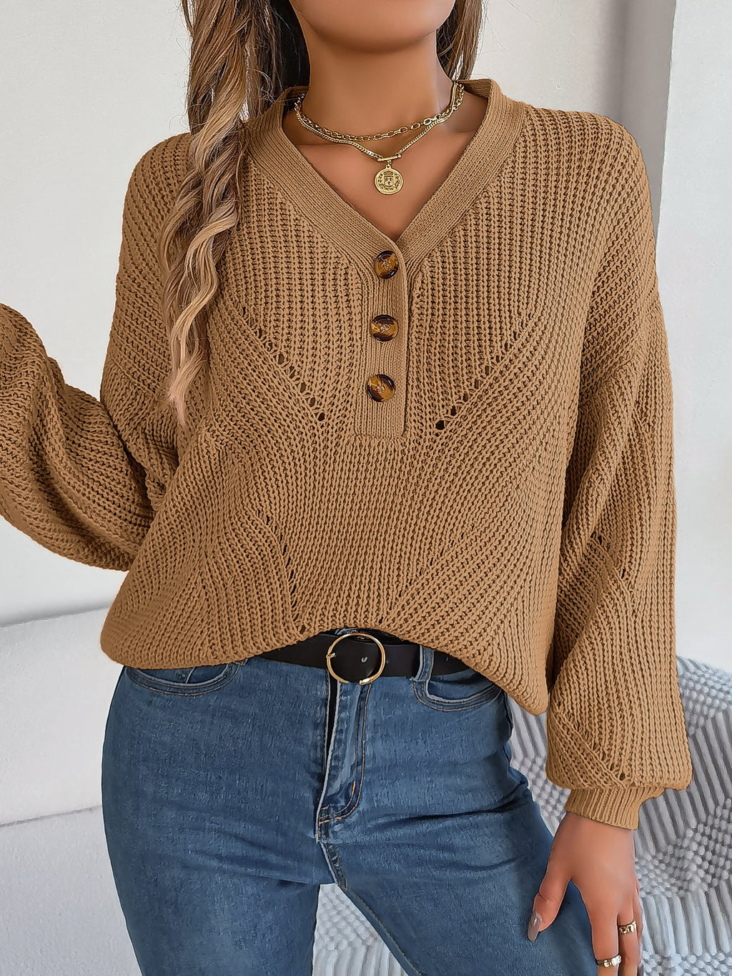 Women Hollow Out V-Neck Button Lantern Sleeve Pullover Sweater