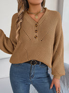 Women Hollow Out V-Neck Button Lantern Sleeve Pullover Sweater