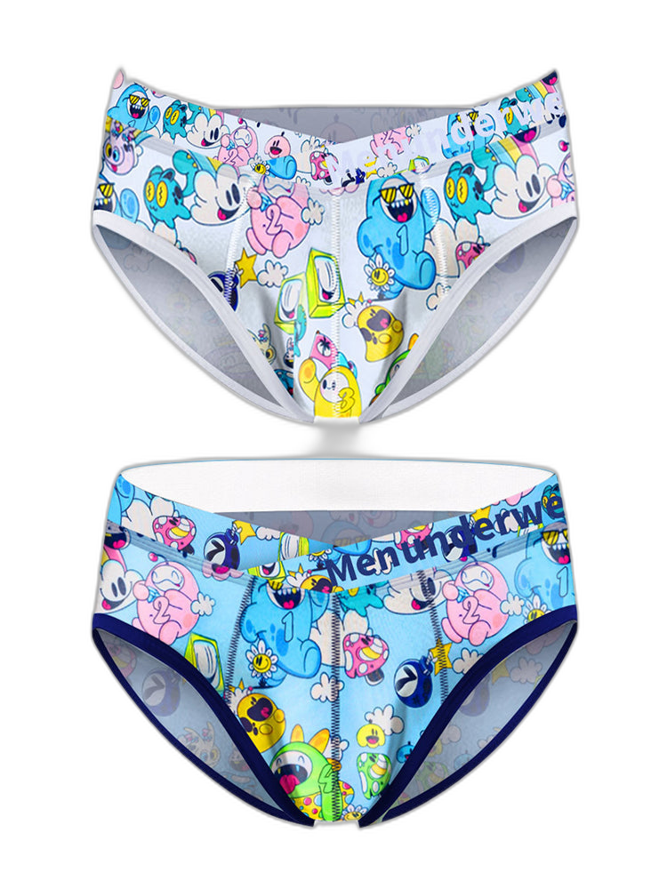 2 Pack Men's Playful Cartoon No-Tag Comfortable and Breathable Briefs