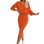 Women's Two Piece Dress Suit Fashion Long-sleeved  V-neck Pullover Sweatshirt And Sleeveless Dresses Set