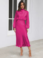 Elegant Temperament Long-sleeved Dress Satin Halterneck Formal Evening Dresses Women Clothing