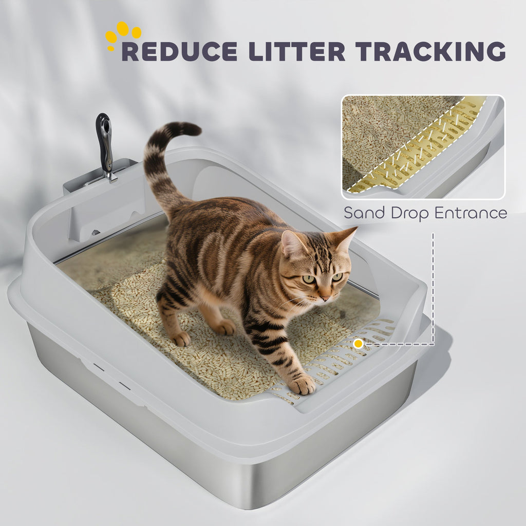 PawHut XXL Stainless Steel Cat Litter Box with High Sides, Metal Scoop, 70 x 50 x 30 cm