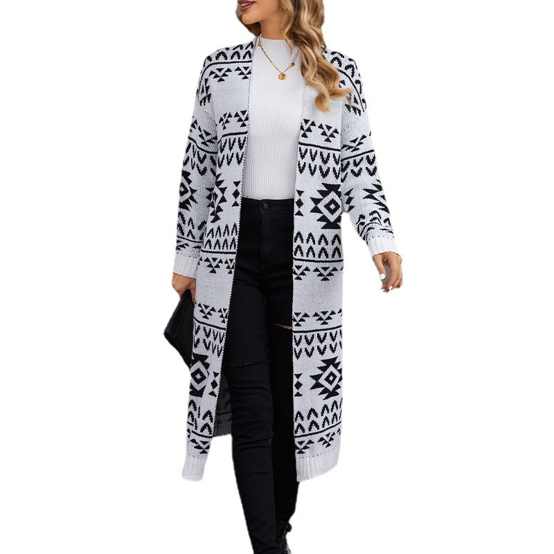 Jacquard Knit Sweater Jacket Casual Knitted Long Cardigan