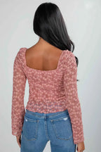 Pink Floral Lace Bell Sleeve Square Neck Blouse Women UK