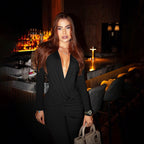 New Women's Fashion Sexy Deep V Long Sleeve Slim Fit Flared Jumpsuit