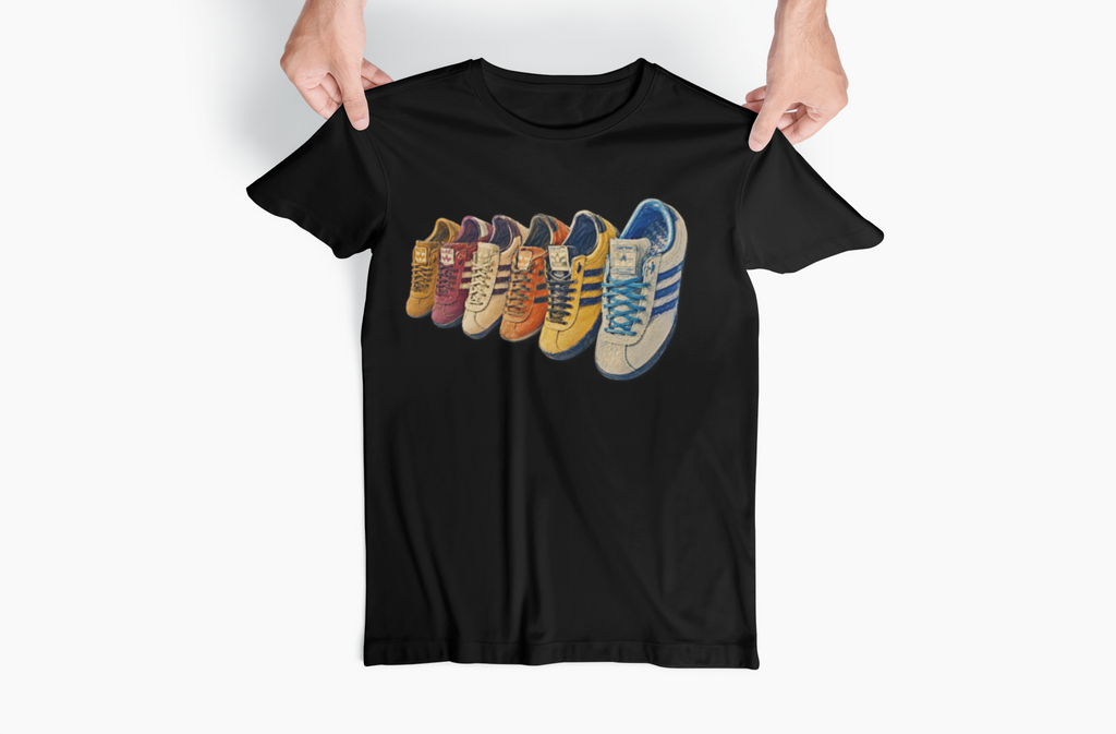 Black Multi Retro Sneaker Graphic T-Shirt - Vintage Trainer Collection Streetwear Tee