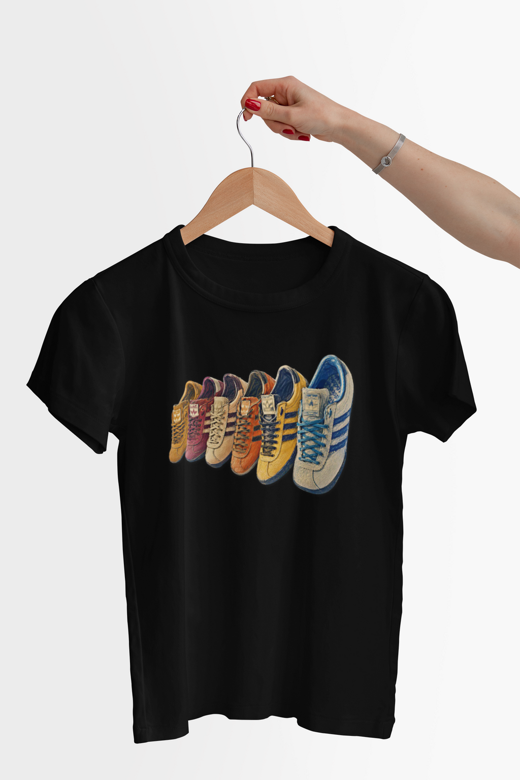 Black Multi Retro Sneaker Graphic T-Shirt - Vintage Trainer Collection Streetwear Tee