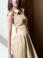 Commuter Single-breasted Backless Solid Color Shirt Dress