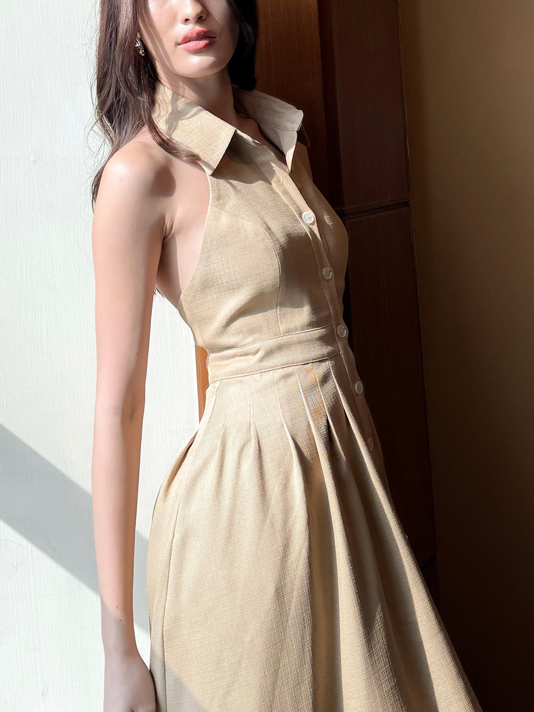 Commuter Single-breasted Backless Solid Color Shirt Dress