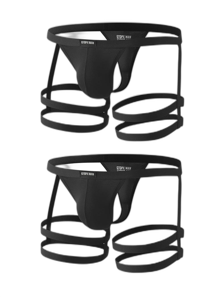 2 Pack Men's Low-Rise Sexy Thong with U-Pouch and Fixed Thigh Straps