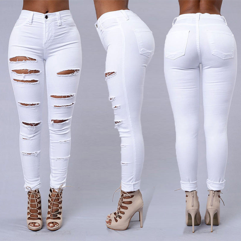 Women's High Waist Ripped Jeans - Distressed Skinny Denim Trousers | Casual Stretch Pencil Pants