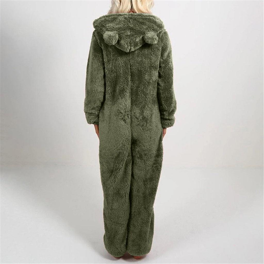 European And American Autumn Winter Women's Wear Fleece-lined Thick Furry Jumpsuit Hooded Cat Ear Pajamas