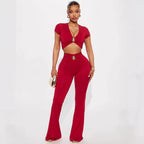 Low-cut V-neck Short-sleeved T-shirt Top With Hardware Waist-length Bodycon Trousers Set
