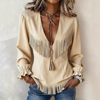 Women's Casual V-Neck Knitted Solid-Color Tassel Jacket