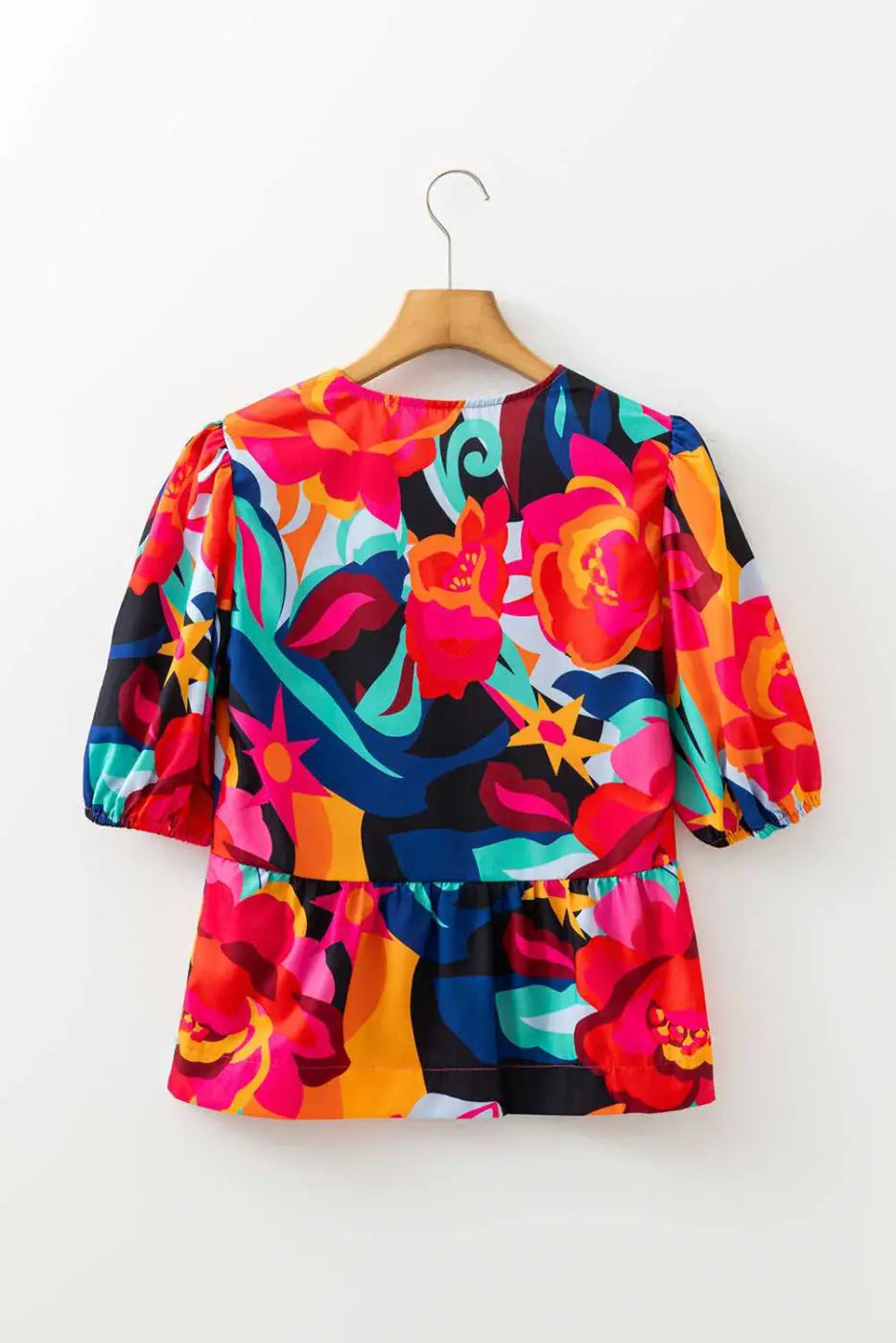 Red Abstract Floral Puff Sleeve Peplum Blouse Women UK